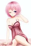  blush breasts camisole covered_nipples highres komeiji_satori looking_at_viewer no_headwear one_eye_closed open_mouth pink_eyes pink_hair short_hair simple_background sitting sleeveless small_breasts solo strap_slip tears touhou white_background yuuforia 