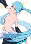  arm_up back bare_back black_skirt blue_hair breasts deca_purio facial_mark from_behind green_eyes hatsune_miku long_hair sideboob skirt small_breasts solo very_long_hair vocaloid 