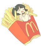  :d ^_^ blush box chewing closed_eyes eating food french_fries green_hair hair_bobbles hair_ornament happy highres holding holding_food in_box in_container in_food japanese_clothes kisume logo long_sleeves mcdonald's minigirl open_mouth pale_color product_placement short_hair simple_background smile solo touhou upper_body white_background wide_sleeves yunuki_uta 