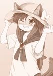  animal_ears blush brooch clenched_teeth grin hat hat_tug imaizumi_kagerou jewelry long_hair monochrome one_eye_closed poronegi smile solo tail teeth touhou wolf_ears wolf_tail younger 