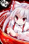  :&gt; bow fa_no_hito fire fujiwara_no_mokou hair_bow highres long_hair ponytail raised_eyebrow red_eyes solo touhou white_hair 