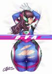  ass bangs blush bodysuit brown_eyes brown_hair character_name d.va_(overwatch) dated facial_mark from_above gloves gorgeous_mushroom headphones long_hair looking_at_viewer looking_back no_panties overwatch pilot_suit solo top-down_bottom-up torn_clothes whisker_markings white_gloves 