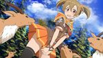  :_code_register absurdres animal black_legwear brown_hair cloud day deer game_cg hair_between_eyes hair_ornament highres looking_at_viewer official_art open_mouth orange_skirt outdoors pleated_skirt red_eyes short_twintails silica skirt sky solo sword_art_online sword_art_online:_hollow_realization thighhighs twintails 