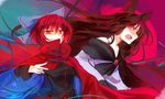  animal_ears bow brooch brown_hair cape hair_bow hidden_mouth imaizumi_kagerou jewelry kutsuki_kai long_hair multiple_girls open_mouth red_eyes red_hair sekibanki touhou wolf_ears 
