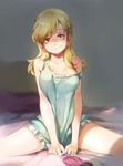  bed blonde_hair blurry breasts brown_eyes depth_of_field dress earrings green_dress jcm2 jewelry leni_loud medium_breasts shade sitting sleep_mask smile solo spread_legs strap_slip the_loud_house 