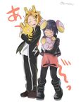  1girl animal_ears black_hair blonde_hair boku_no_hero_academia boots cropped_jacket earlobes elekid gen_2_pokemon gen_3_pokemon holding jacket jirou_kyouka kaminari_denki mikanmochi multicolored_hair pokemon pokemon_(creature) streaked_hair twitter_username whismur 