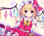  1girl :p blonde_hair blush braid brooch cravat crystal doughnut dutch_angle flandre_scarlet food fork french_braid hat hat_ribbon highres jewelry knife looking_at_viewer macaron mob_cap patterned_background red_eyes ribbon shiika_yuno shirt side_ponytail skirt skirt_set sleeveless smile solo sparkling_eyes stuffed_animal stuffed_toy teddy_bear tongue tongue_out touhou upper_body wings wrist_cuffs 