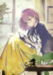  bangs black_ribbon brown_eyes day fate/grand_order fate_(series) glasses haru_(hiyori-kohal) holding indoors long_skirt looking_at_viewer mash_kyrielight neck_ribbon purple_hair ribbon shirt short_hair sitting sketch skirt solo swept_bangs white_shirt yellow_skirt 