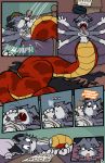  2019 absurd_res anthro bed breasts breath canine clothing comic digital_media_(artwork) eyes_closed fangs female forked_tongue fox fur hair hat hi_res hungry lamia lucile_virmir mammal marilith multi_arm multi_limb onomatopoeia open_mouth red_scales reptile scales scalie snake solo sound_effects tired tongue torn_clothing transformation virmir wrap 