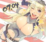  ;d american_flag_legwear arm_behind_back armlet bangs bare_shoulders belt belt_buckle blonde_hair blue_eyes blush breasts buckle bursting_breasts buttons cleavage cleavage_cutout cowboy_shot dated dutch_angle elbow_gloves eyebrows eyebrows_visible_through_hair fingerless_gloves fingernails from_above garter_straps gloves gorget gradient_hair hair_between_eyes halterneck hand_up happy headgear highleg highres horizontal_stripes iowa_(kantai_collection) kantai_collection kenshin187 large_breasts legs_together long_fingernails long_hair looking_at_viewer microskirt multicolored_hair navel one_eye_closed open_mouth pencil_skirt sidelocks skirt smile solo standing striped striped_background striped_legwear taut_clothes teeth thighhighs twitter_username v v_over_eye vertical-striped_legwear vertical_stripes very_long_hair zettai_ryouiki 
