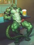  2016 abs alcohol anthro armband balls bar barefoot beard beer beverage biceps big_muscles bottle claws erection facial_hair fist food green_scales jewelry looking_away male muscular muscular_male necklace nude pecs penis raccoon21 relaxing reptile scales scalie sitting solo toe_claws toes vein veiny_penis 