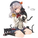  ;d animal bad_id bad_twitter_id beret black_legwear black_shirt blue_skirt blush blush_stickers cat collar collared_shirt dated drooling epaulettes face_licking full_body gloves grey_hair hat headband highres holding holding_cat kantai_collection kashima_(kantai_collection) kneehighs kou_mashiro licking long_hair long_sleeves looking_at_another number one_eye_closed open_mouth pleated_skirt saliva shirt shoes signature simple_background sitting skirt sleeping smile tongue tongue_out twintails white_background white_gloves wing_collar |_| 