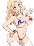  american_flag_bikini bikini blonde_hair blue_eyes breasts flag_print girls_und_panzer grin hanzawa821 kay_(girls_und_panzer) large_breasts long_hair smile solo standing swimsuit thighhighs transparent_background 