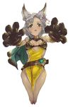  animal_ears belt breasts cat_ears cat_paws cleavage dark_skin dress erune flower gloves granblue_fantasy green_eyes grey_hair hair_flower hair_ornament highres looking_at_viewer melleau open_mouth outstretched_arms p-rus paw_gloves paws short_dress short_hair side_slit simple_background small_breasts solo white_background 