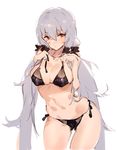 ass_visible_through_thighs bikini black_bikini blush breasts cleavage covered_nipples cowboy_shot grey_hair kishiyo large_breasts long_hair low_twintails mole mole_under_eye navel panzer_waltz red_eyes revision simple_background solo swimsuit twintails very_long_hair white_background 