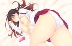  bed black_hair blush breasts breasts_outside denki_shougun large_breasts lying nipples panties pleated_skirt short_hair skirt sleeping solo underwear 