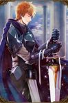  armor artist_request breastplate cape closed_eyes gauntlets grand_sphere highres male_focus orange_hair profile shoulder_plates smile solo sword weapon 