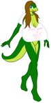  anthro big_breasts blue_eyes bottomless breasts brown_hair clothed clothing female hair huge_breasts lizard reptile samantha_brooks sarcolopter scalie shirt simple_background solo standing walking white_background 