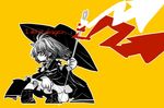  arrow bowl bowl_hat english full_body hat holding_needle kneeling limited_palette needle profile sewing_needle short_hair solo sukuna_shinmyoumaru touhou yellow_background yt_(wai-tei) 