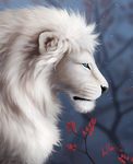  2016 anchee blue_eyes blurred_background bust_portrait depth_of_field detailed_background digital_media_(artwork) digital_painting_(artwork) feline feral leaves lion male mammal mane portrait rakeesh side_view solo tree white_lion 