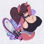  big_breasts breasts brown_hair chainsaw cleavage clothed clothing eyewear hair huge_breasts mammal punk rodent slit_pupils smutbunny squirrel tools twintails_(disambiguation) weapon 