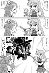  3girls bare_shoulders bow bowtie braid breasts closed_eyes comic commentary_request eyebrows eyebrows_visible_through_hair fairy_(kantai_collection) french_braid greyscale gun hat kantai_collection long_hair machine_gun medium_breasts mini_hat monochrome multiple_girls open_mouth pola_(kantai_collection) sweatdrop translated turret wasu wavy_hair weapon zara_(kantai_collection) 