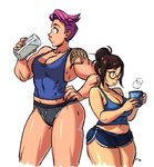  back-to-back bangs black_panties boyshorts breasts brown_hair cleavage coffee_mug cup glasses hair_bun hair_ornament hair_stick height_difference large_breasts mariel_cartwright mei_(overwatch) mug multiple_girls muscle muscular_female navel overwatch panties pink_hair plump short_hair short_shorts shorts tank_top tattoo thick_thighs thighs underwear zarya_(overwatch) 