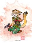  2016 anthro blood breasts cat clothed clothing crying disney eyes_closed feline female gun handgun mammal mother open_mouth parent ranged_weapon simple_background small_breasts solo steve_gallacci story story_in_description tears teeth traditional_media_(artwork) uniform war weapon zootopia 