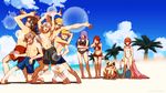  4girls 5boys arms_up artist_name beach blonde_hair brother_and_sister brothers brown_hair camilla_(fire_emblem_if) drill_hair elise_(fire_emblem_if) embarrassed facepalm fire_emblem fire_emblem_if goggles hairband hinoka_(fire_emblem_if) leon_(fire_emblem_if) long_hair male_swimwear marx_(fire_emblem_if) multiple_boys multiple_girls my_unit_(fire_emblem:_kakusei) nipples niwatorineko one-piece_swimsuit palm_tree pose purple_hair red_hair ryouma_(fire_emblem_if) sakura_(fire_emblem_if) sand shaded_face short_hair siblings silver_hair sisters sky sparkle swim_trunks swimsuit swimwear takumi_(fire_emblem_if) tree twin_drills very_long_hair 