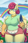  2016 anthro anthrofied big_breasts breasts clothed clothing cloud ear_piercing equine eyelashes feathered_wings feathers female flower friendship_is_magic gloves hair half-closed_eyes hi_res holding_object jewelry looking_at_viewer mammal mature_female mrs_shy_(mlp) my_little_pony necklace nekocrispy outside patreon pegasus piercing plant rainbow rose shovel sky slightly_chubby smile solo wide_hips wings 
