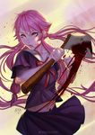  axe blood blood_on_face bloody_weapon eva_solo eyeliner gasai_yuno highres lips long_hair makeup mirai_nikki pink_eyes pink_hair red_eyes school_uniform skirt solo twintails weapon yandere 