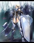  armor army artist_name axe ayaki bikini_armor boots collar commentary_request detached_sleeves eyepatch fog garter_straps gauntlets gluteal_fold high_heel_boots high_heels highres knight leotard looking_at_viewer original partial_armor pointy_ears shield short_hair thighhighs weapon white_hair 
