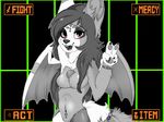  2016 anthro black_and_white breasts clothed clothing flamyphantom1 fur hair hi_res icon invalid_tag looking_at_viewer monochrome open_mouth simple_background smile stitches text untertale_theme wings zammie 