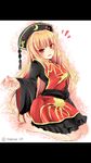  aura barefoot blonde_hair blush chinese_clothes dress hand_up hat junko_(touhou) leaning_to_the_side letterboxed long_hair long_sleeves ramudia_(lamyun) red_eyes sash seiza short_dress sitting slit_pupils smile solo tabard touhou twitter_username very_long_hair wide_sleeves 