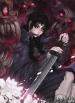  black_hair blood blood_the_last_vampire braid cloak fangs flower hector_enrique_sevilla_lujan highres looking_at_viewer monster red_eyes saya_(blood_the_last_vampire) school_uniform slit_pupils sword tongue twin_braids twintails weapon 