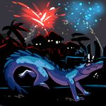  ! 2016 4th_of_july ambiguous_gender black_eyes blue_scales building crocodile crocodilian feral fireworks fivel hi_res house night nude outside palm_tree reptile running scales scalie scampi sky solo spikes teeth tree 