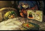  animal bags_under_eyes bed blue_hair book clock clothed_animal commentary forked_tongue frog green_hair index_finger_raised kochiya_sanae koto_inari letterboxed little_red_riding_hood multiple_girls red_sclera short_hair smile snake tongue touhou wall_clock yasaka_kanako 