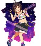  :d alternate_costume antenna_hair bad_id bad_twitter_id bare_shoulders belt black_eyes black_hair blush bracelet collarbone earrings eyewear_on_head fingerless_gloves gloves highres idolmaster idolmaster_(classic) idolmaster_2 jewelry kikuchi_makoto looking_at_viewer midriff navel nishina_ryo open_mouth short_hair shorts smile solo stick street_hopper sunglasses text_focus wristband 