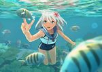  blonde_hair blue_eyes commentary crop_top fish flower hair_flower hair_ornament kantai_collection long_hair one-piece_tan open_mouth ro-500_(kantai_collection) sailor_collar school_swimsuit smile solo swimming swimsuit swimsuit_under_clothes tan tanline underwater water youmak 