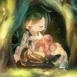  1girl asui_tsuyu bad_id bad_pixiv_id black_hair bodysuit boku_no_hero_academia closed_eyes cuddling forest gloves green_hair long_hair manino_(mofuritaionaka) mineta_minoru nature 