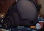  4_toes anthro barefoot bear bed bedding bedroom belly biceps black_bear black_nose blanket bone bottomless brown_eyes claws clothed clothing detailed_background food front_view hi_res lying male mammal manly mature_male nude obese open_mouth overweight overweight_male paws ramzi relaxing saliva slightly_chubby solo sound_effects tires toes tongue topless 