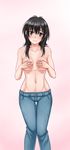  3: black_hair blush brown_eyes coppelion covering covering_breasts denim highres jeans long_hair looking_at_viewer naruse_ibara navel pants pink_background solo standing topless twrlare 