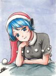  animal_ears blue_eyes blue_hair commentary doremy_sweet dress grin hat isaki_tanaka looking_at_viewer nightcap short_hair short_sleeves signature smile solo tapir_ears touhou traditional_media upper_body 