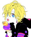  1boy amo_(yellowpink_a) blonde_hair blue_eyes child colored_eyelashes diabolik_lovers eyelashes flat_color foot hair_over_one_eye hood hoodie icecream licking male_focus mukami_kou pale_skin ponytail simple_background single_earring solo striped sweets tongue tongue_out upper_body white_background younger 