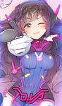  ;) bangs big_hair bodysuit breasts brown_eyes brown_hair character_name charm_(object) closed_mouth cowboy_shot d.va_(overwatch) facial_mark finger_gun gloves headphones light_smile long_hair looking_at_viewer one_eye_closed overwatch pilot_suit pointing pointing_at_viewer servati signature small_breasts smile solo swept_bangs whisker_markings white_gloves 