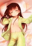  :o anne_(wixoss) arms_up bed_sheet brown_hair closed_eyes collarbone flat_chest from_above highres long_hair long_sleeves mole mole_under_eye navel open_clothes open_pajamas pajamas parted_lips pillow shamonabe sleeping solo stomach wixoss 
