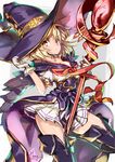  artist_name blonde_hair boots breasts brown_eyes buttons collarbone corset djeeta_(granblue_fantasy) gloves granblue_fantasy hand_on_headwear hat holding holding_staff hong_(white_spider) looking_at_viewer medium_breasts puffy_short_sleeves puffy_sleeves short_hair short_sleeves solo staff thigh_boots thighhighs warlock_(granblue_fantasy) white_gloves witch_hat wizard_hat zettai_ryouiki 