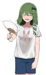  alternate_costume animal_print arm_at_side blush bunny bunny_print closed_eyes clothes_writing collarbone contemporary cowboy_shot fan fanning_self frog frog_hair_ornament green_hair hair_ornament hair_tubes holding holding_fan hot kochiya_sanae long_hair open_mouth paper_fan shirt short_sleeves shorts simple_background snake snake_hair_ornament solo sweat sweatdrop t-shirt tebukuro_withana touhou uchiwa white_background 