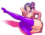  areola_slip areolae asymmetrical_sleeves breasts choker cleavage closed_mouth collarbone commentary_request hair_ribbon japanese_clothes kousaka_shigure kuro_fn large_breasts long_hair looking_at_viewer lying no_shoes off_shoulder panties pantyshot pantyshot_(lying) pink_ribbon ponytail pose purple_eyes purple_hair purple_legwear ribbon shijou_saikyou_no_deshi_ken'ichi solo thick_thighs thighhighs thighs underwear white_background white_panties 
