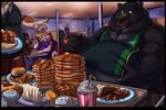  anthro bacon bear belly biceps big_biceps black_bear black_fur black_nose brown_fur brown_hair burger butter canine claws clothing detailed_background dog dragon eating egg feline food fork fries fur group hair hand_on_stomach hi_res holding_object horn ketchup lion male mammal milk_shake napkins obese open_mouth overweight overweight_male pancake paws pecs pen plate ramzi restaurant salt sausage shirt side_view sitting slightly_chubby sound_effects straw syrup table tan_fur thumbs_up tongue wave white_fur 